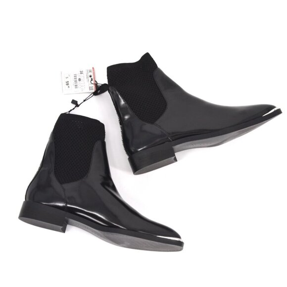NEW ZARA Studded Patent Ankle Boots Chelsea Pull On Knit Booties Black 38 7.5 - Picture 1 of 11